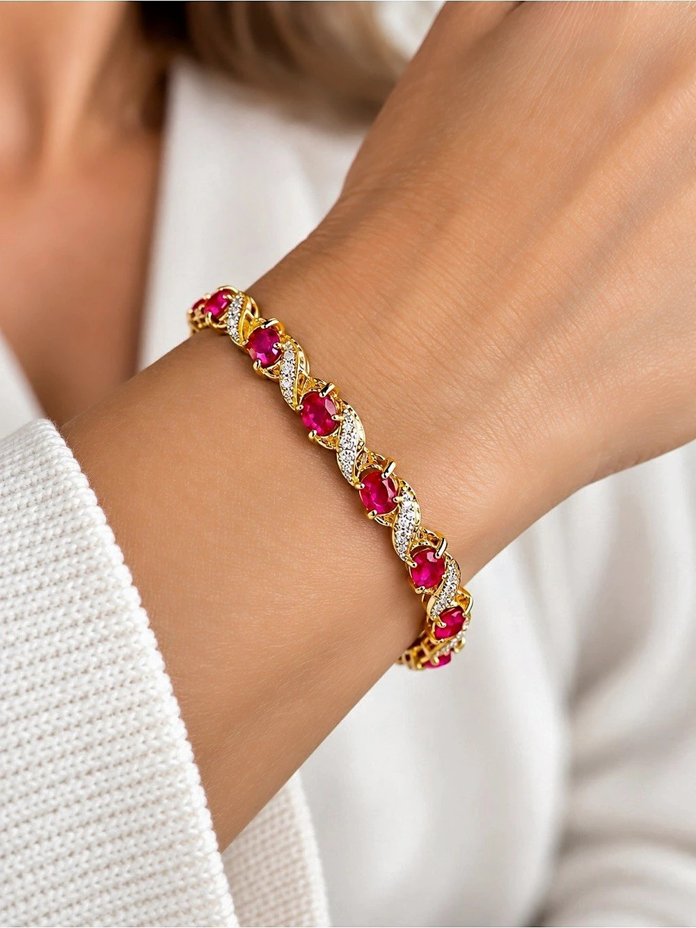 Gold over Sterling Silver Lab-Grown Red Ruby Trillion Bracelet 7-1/2 inches